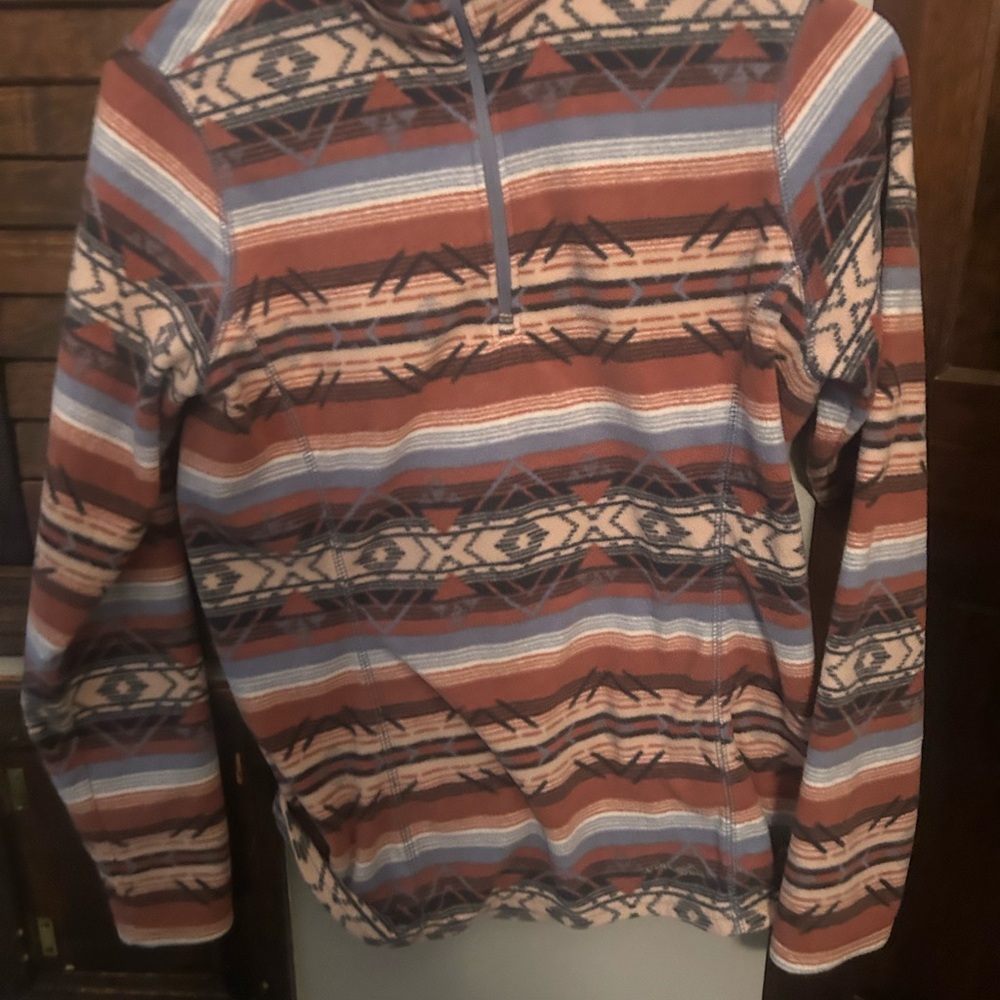 Eddie Bauer Men's Zip Up Sweater in Rust and Blue Pattern